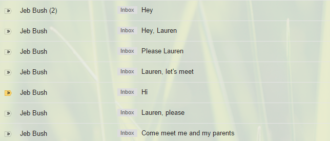 Emails from Jeb Bush, "Lauren, please" "Lauren, let's meet" "Please Lauren" "Hey Lauren" "Hey"