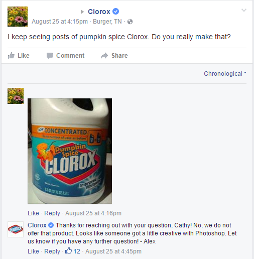 This is a picture of the official Clorox Facebook account saying Pumpkin Spice Bleach isn't real.